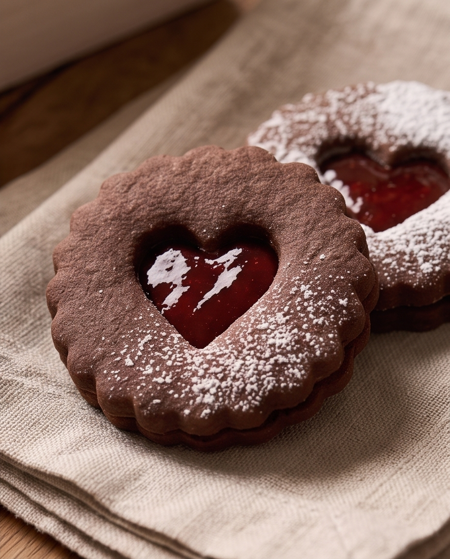 Chocolate Linzer Cookies – Strawberry or Raspberry